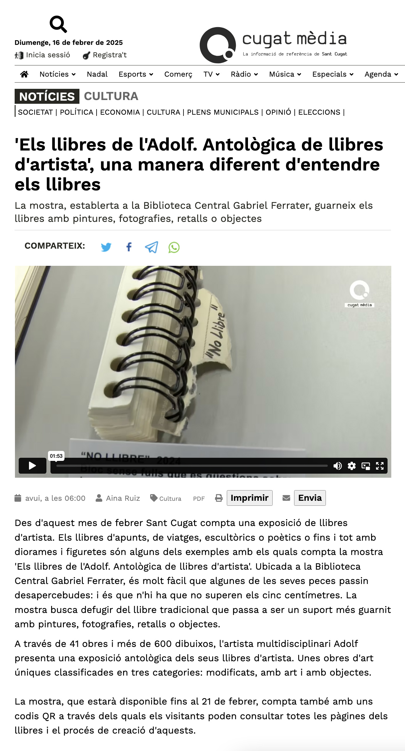 Reportatge de cugatmedia exposici els llibres de l'adolf a la biblioteca gabriel Ferrater